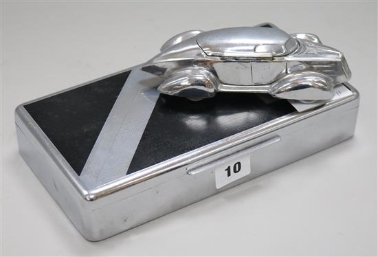 A Deco inkwell racing car and cigarette box